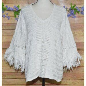 Cabi Fiesta Fringe Sweater Small Boxy Poncho Boho Coastal Beachy Half Sleeves